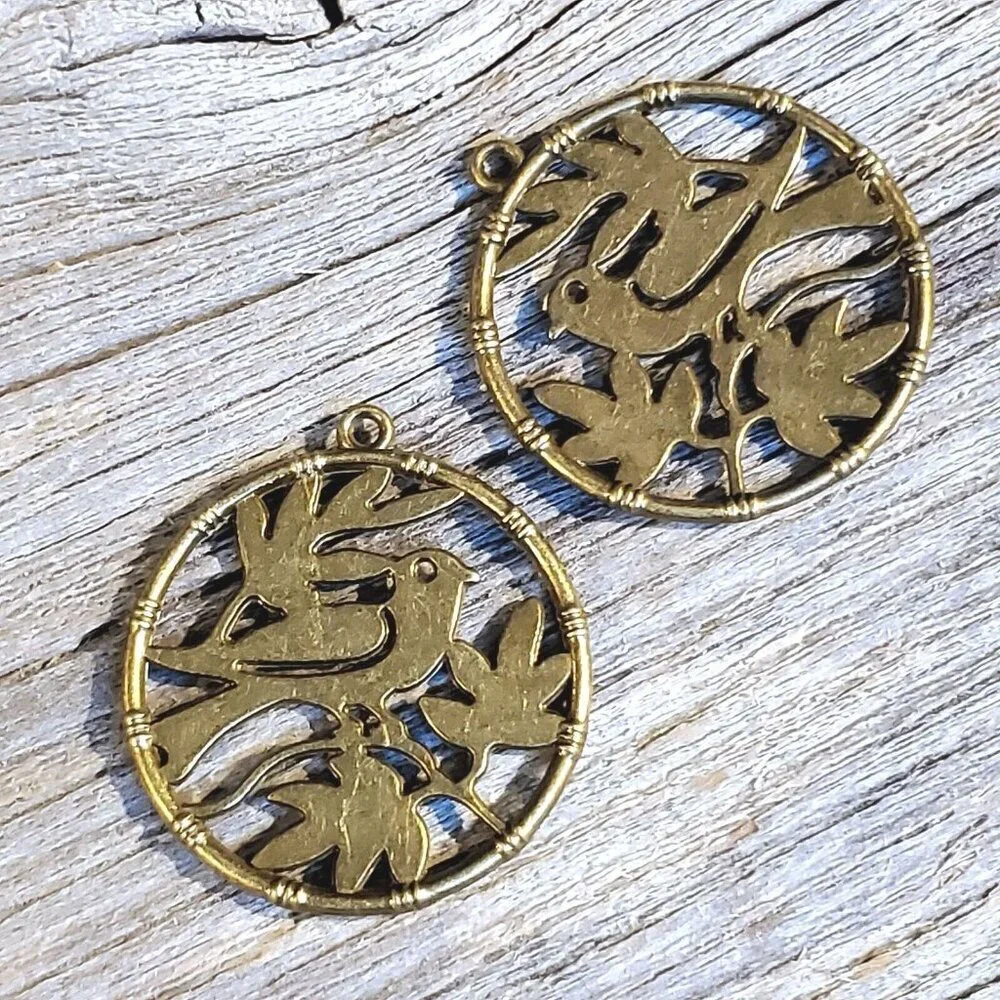 Lot Antiqued Bronze Pewter Dove of Peace Bird Olive Branch Pendants 2 pcs